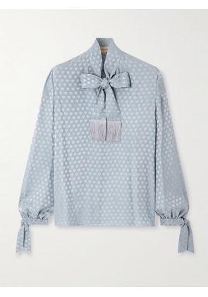 Valentino Garavani - Fringed Tie-neck Silk-jacquard Blouse - Blue - IT36,IT38,IT40,IT42,IT44,IT46,IT48,IT50