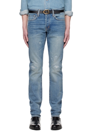 TOM FORD Blue Selvedge 'Rip And Repair' Straight Fit Jeans