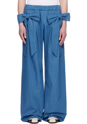 ANDREJ GRONAU Blue Bow Ribbon Denim Sweatpants