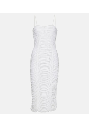 Rotate Ruched mesh midi dress