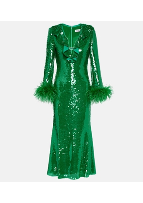 Self-Portrait Feather-trimmed sequined midi dress
