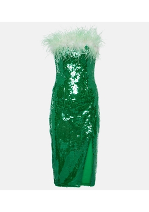 Self-Portrait Feather-trimmed sequined midi dress
