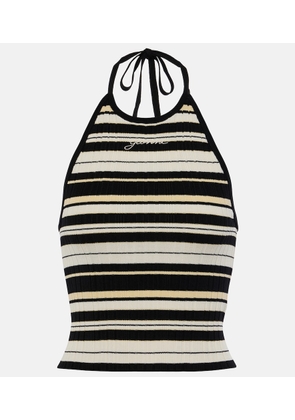 Ganni Logo ribbed-knit halterneck top