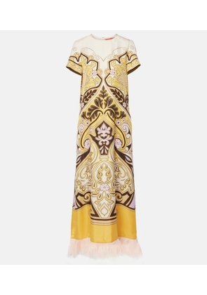 La DoubleJ Printed feather-trimmed silk maxi dress