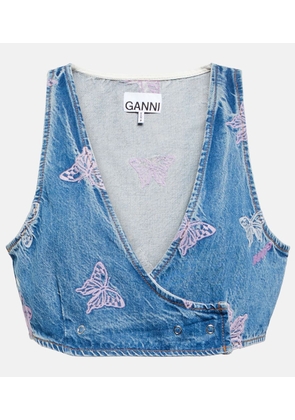 Ganni Embroidered denim crop top