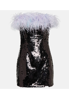 Self-Portrait Feather-trimmed sequined minidress