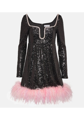 Self-Portrait Feather-trimmed sequined minidress