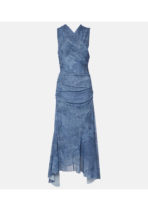 Ganni Printed ruched mesh maxi dress