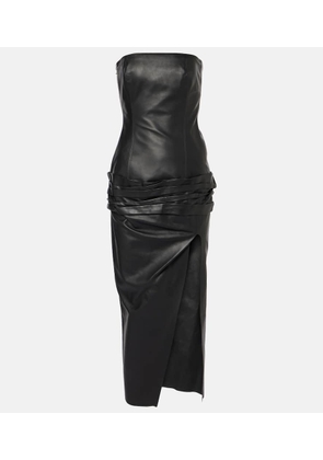 The Attico Draped strapless leather midi dress