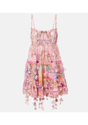 Camilla Floral-applique gathered silk crepe minidress