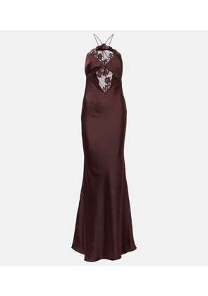 Self-Portrait Lace-trimmed halterneck satin gown