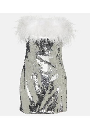 Self-Portrait Feather-trimmed sequined minidress