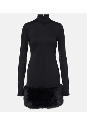 Prada Faux fur-trimmed turtleneck jersey minidress