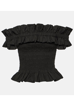 Ganni Smocked off-shoulder cotton poplin top