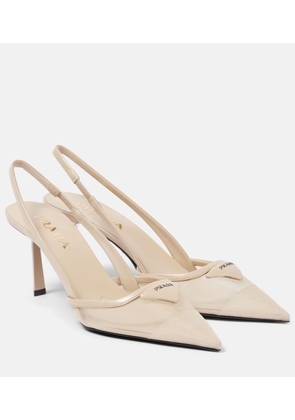 Prada Logo leather-trimmed mesh slingback pumps