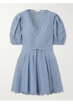 Ulla Johnson - Camilla Belted Embroidered Tulle-trimmed Cotton-chambray Mini Dress - Blue - US00,US0,US2,US4,US6,US8,US10,US12,US16