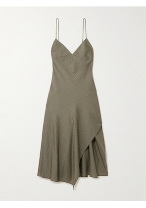 ST. AGNI - Paneled Asymmetric Pinstriped Cotton-blend Twill Dress - Green - xx small,x small,small,medium,large,x large