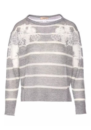 TWINSET striped-pattern lace-embellished sweater - Grey