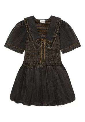 GANNI smocked dress with puff sleeves - Black