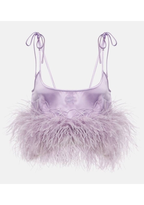 Miu Miu Feather-trimmed logo satin crop top