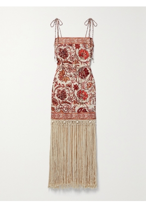 Zimmermann - Vitali Belted Fringed Embellished Printed Cotton Mini Dress - Red - 00,1,2,3,4