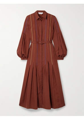 Gabriela Hearst - Aleka Belted Embroidered Linen Midi Shirt Dress - Burgundy - IT36,IT38,IT40,IT42,IT44,IT46,IT48