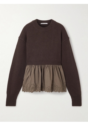 Cecilie Bahnsen - Embroidered Cashmere And Wool-blend And Shell Peplum Sweater - Brown - small,medium,large