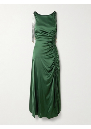 GANNI - Embellished Ruched Tie-detailed Satin Midi Dress - Green - EU 32,EU 34,EU 36,EU 38,EU 40,EU 42