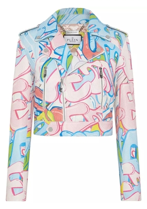 Philipp Plein graffiti-logo cropped leather biker jacket - Blue