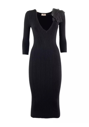 Elisabetta Franchi ribbed floral-appliqué dress - Black