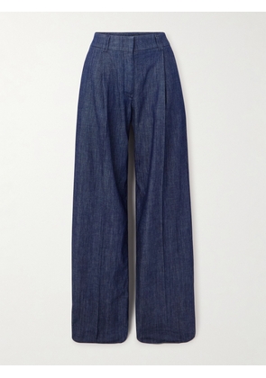 Another Tomorrow - Pleated Organic Cotton-chambray Wide-leg Pants - Blue - IT36,IT38,IT40,IT42,IT44,IT46,IT48