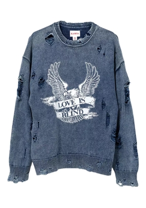 KAMIYA eagle-print distressed-knit sweater - Blue