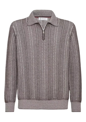 Brunello Cucinelli herringbone-pattern zipped polo shirt - Brown