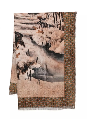 Pierre-Louis Mascia landscape-print fringed scarf - Brown
