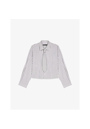 Womens Maje Rhinestone-Embellished Tie-Neck Stretch-Cotton Shirt