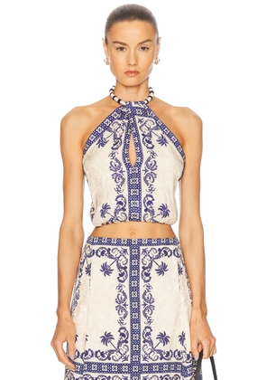 Johanna Ortiz Cantos Andaluz Top in Tropicalismo Andaluz  Ecru  & Blue - Blue. Size 4 (also in 2).
