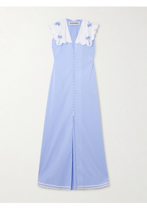 Cristiano Marcheli - Isabella Embroidered Silk Dupioni-trimmed Striped Cotton-poplin Maxi Dress - Blue - x small,small,medium,large,x large