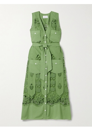 Miguelina - Alexia Belted Embroidered Cotton-voile And Lace Midi Dress - Green - x small,small,medium,large