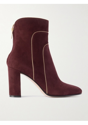 Gianvito Rossi - 85 Metallic Leather-trimmed Suede Ankle Boots - Burgundy - IT36,IT36.5,IT37,IT37.5,IT38,IT38.5,IT39,IT39.5,IT40,IT40.5,IT41,IT41.5,IT42
