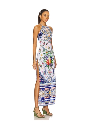 Camilla High Neck Long Dress in White,Blue. Size L. Also in M, S, XL, XS.