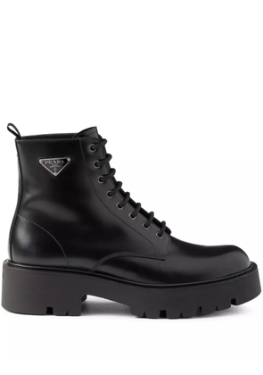 Prada logo plaque leather combat boots - Black