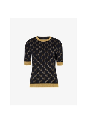 Womens Gucci Monogram-Pattern Ribbed-Trim Cotton-Blend Knitted Top