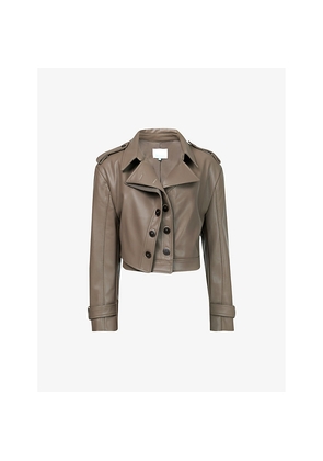 Womens Leem Double-Collar Long-Sleeve Cropped Faux-Leather Jacket
