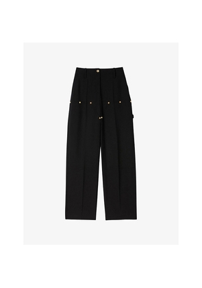 Womens Sandro Stud-Embellished High-Rise Wool-Blend Trousers