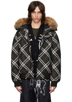 Burberry Brown Faux-Fur Trim Check Down Bomber Jacket