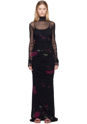 Blumarine Black Rose Print Maxi Dress