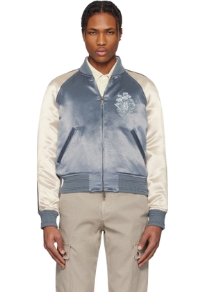 Burberry Blue & Off-White EKD Satin Bomber Jacket