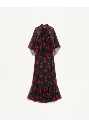 Valentino Long Dress In Crepponne Chiffon With Cherryfic Print Woman BLACK/CHERRY RED 36