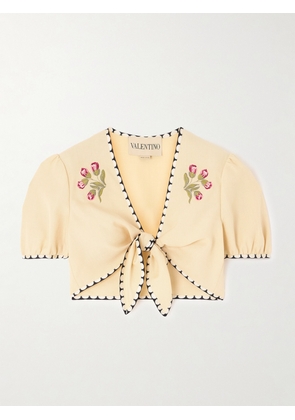 Valentino Garavani - Cropped Embroidered Polka-dot Silk-trimmed Canvas Top - Cream - IT36,IT38,IT40,IT42,IT44,IT46