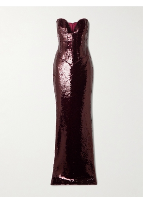The New Arrivals Ilkyaz Ozel - Azzurra Strapless Sequined Satin Gown - Burgundy - FR 34,FR 36,FR 38,FR 40,FR 42,FR 44